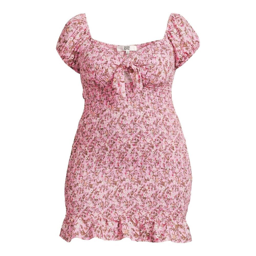 Madden NYC Junior's Plus Size 1X Smocked Mini Dress Milk Maid Babydoll Floral